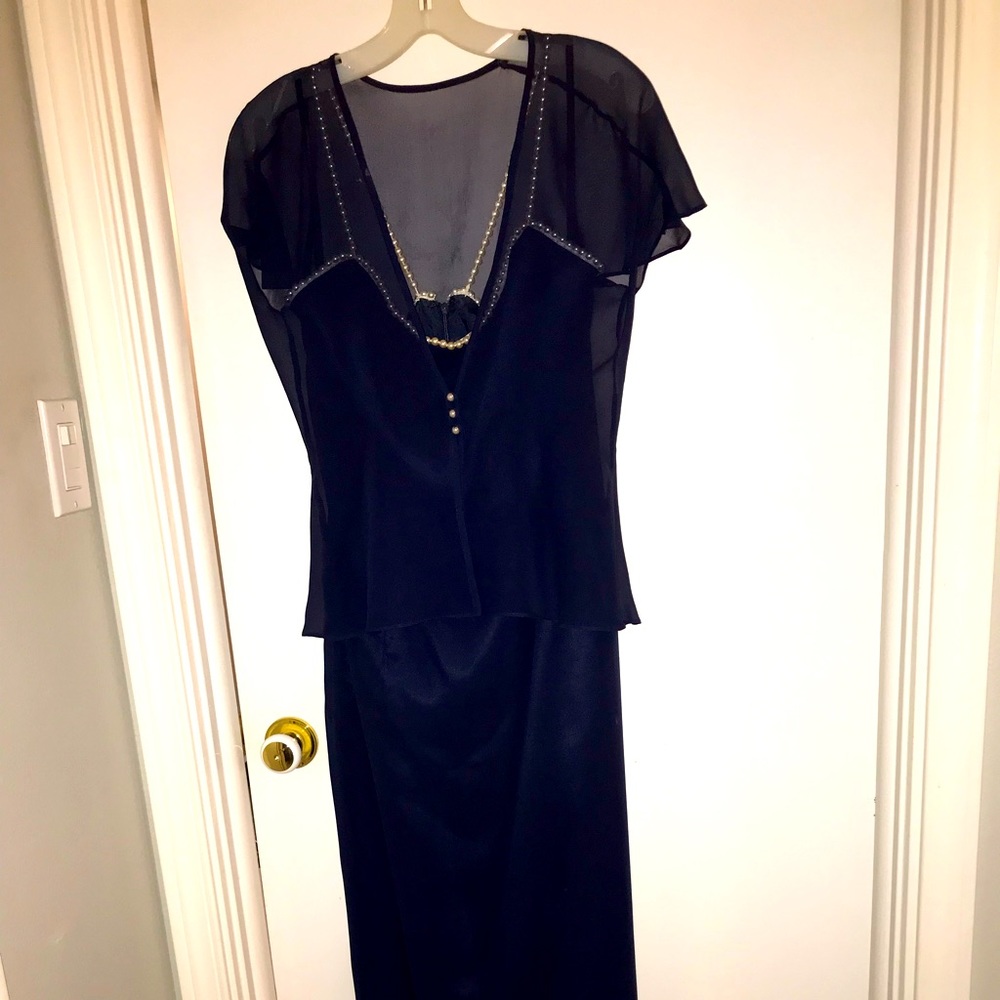 Watters & Watters navy blue long silk dress with pearl accents matching jacket.